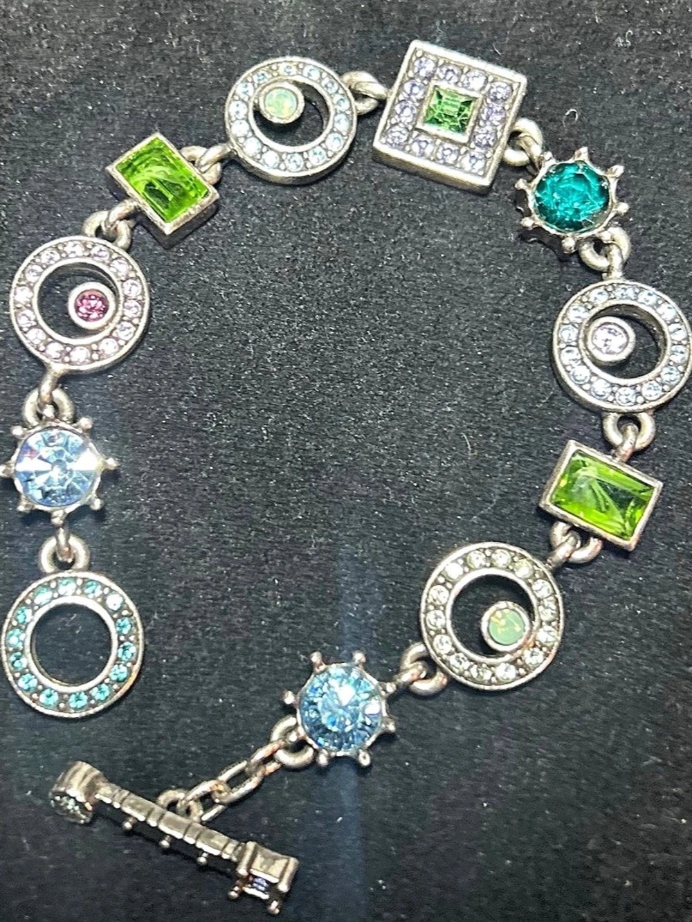 Patricia Locke USA Multicolor Crystal Link Toggle Bracelet 7” Signed Pewter